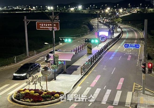 안전 펜스 교체 및 야간 경관 조명 설치가 완료된 갯골생태공원 진입로 전경