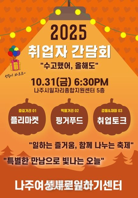 나주여성새로일하기센터(센터장 최진아)는 오는 10월 31일 나주시 일자리종합지원센터에서 지역 여성 취업자 50여 명이 참여하는 취업자 간담회를 개최한다. 2025년 나주새일센터 취업자 간담회 포스터.