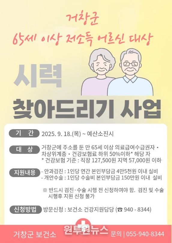 거창군, 저소득 어르신 시력 찾아드리기 사업 본격 추진