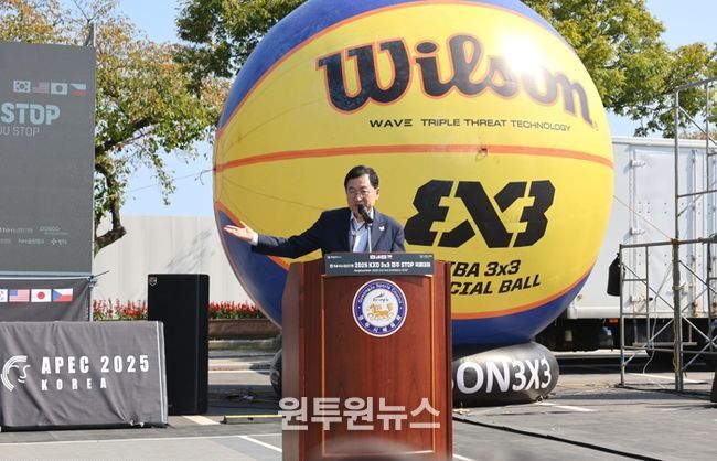 주낙영 경주시장이 11일 열린 KXO 3x3 경주 STOP 대회에 참석해 인사말을 하고 있다