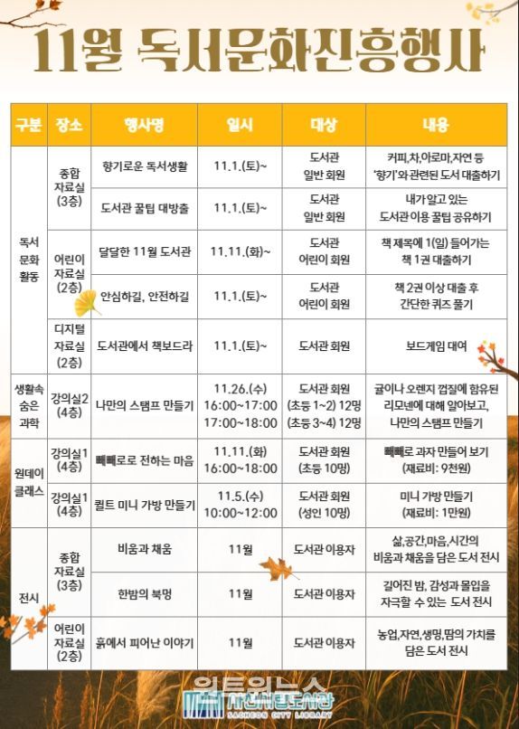 사천시립도서관, 2025년 11월 독서문화진흥행사 운영