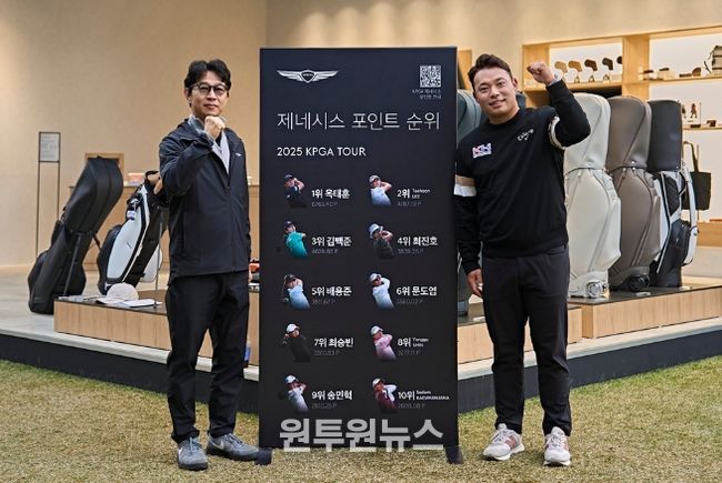 제네시스사업본부장 송민규 부사장(좌)이 이승택 선수의 PGA 투어 입성을 축하하며 제네시스 포인트 순위보드 앞에서 기념촬영을 하고 있다