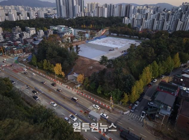 동명근린공원 지하주차장 공사 사진(드론 촬영)
