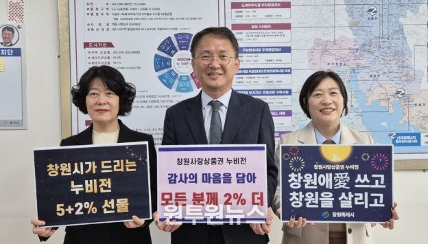 왼쪽부터 허선희 지역경제과장, 박진열 경제일자리국장, 윤정연 지역경제과 소상공인팀장