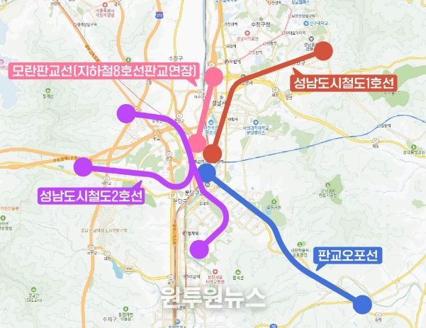 경기도 도시철도망 구축계획에 반영된 성남시 4개 도시철도 노선