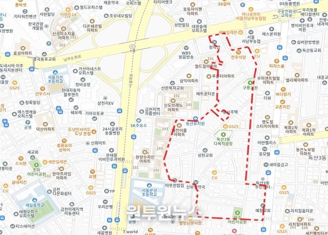 2025년 제6차 주택재개발 후보지 선정구역 - 금천구 독산동 979 일대 위치도(대상지 구역계는 선정위원회 조건이행 및 신속통합기획 등 계획수립 과정에서 변경될 수 있음)