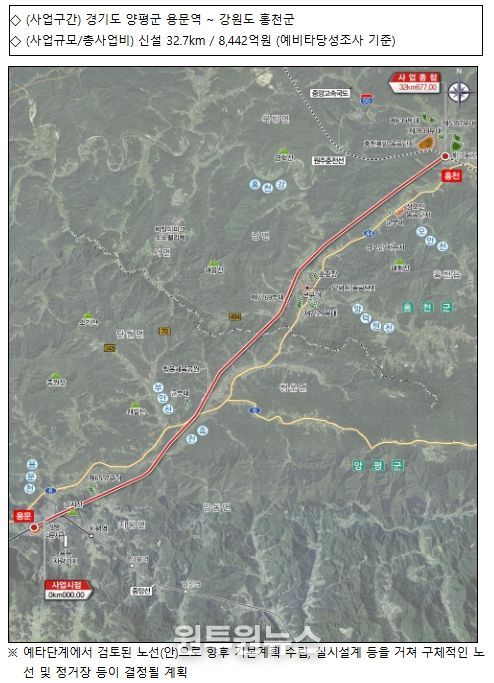 용문~홍천 광역철도 사업개요 및 위치도