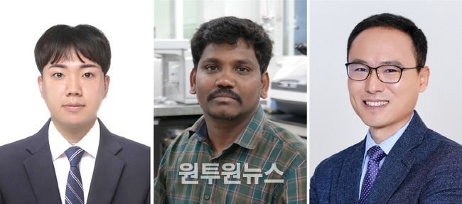 경상국립대학교 박사과정 정시언 씨, 라자 아루무감 센틸 박사, 최명룡 교수(왼쪽부터)