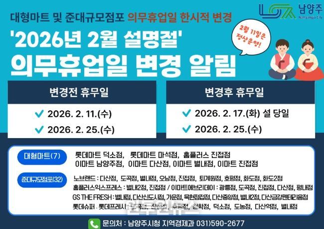 남양주시, 설 명절 맞아 대형마트 의무휴업일 한시적 변경