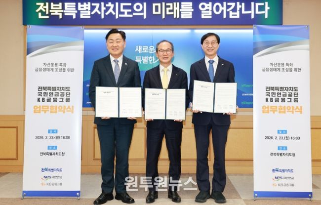 23일 전북특별자치도청 회의실에서 열린 전북도 ·국민연금공단·KB금융그룹 업무협약식에 김관영 도지사와 김성주 국민연금공단 이사장, 양종희 KB금융그룹 회장이 ‘자산운용 특화 금융생태계 조성 및 지역경제 활성화’를 위한 3자 업무협약을 체결하고 있다. 왼쪽부터 김관영 도지사, 양종희 KB금융그룹 회장, 김성주 국민연금공단 이사장