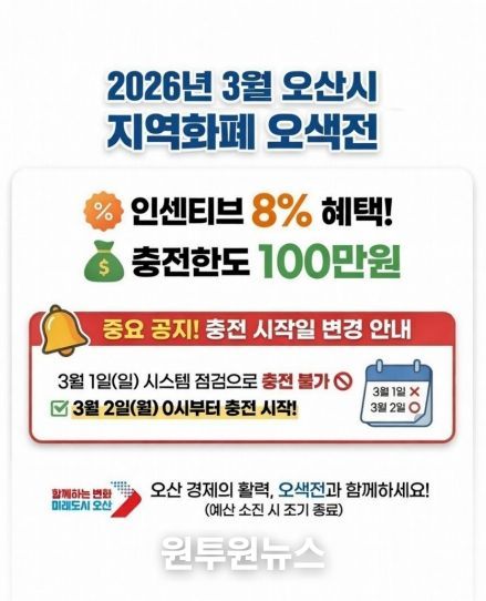 오산시, 3월 오색전 8% 지급…충전 한도 100만 원
