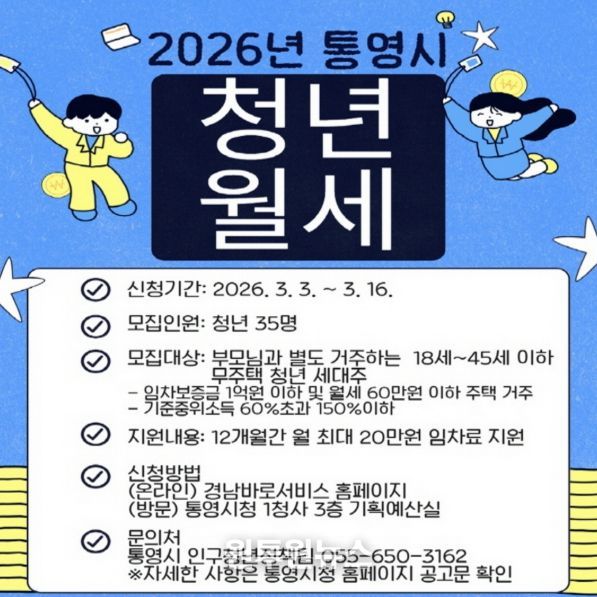 통영시,‘2026년 청년 월세 지원사업’ 참여자 모집