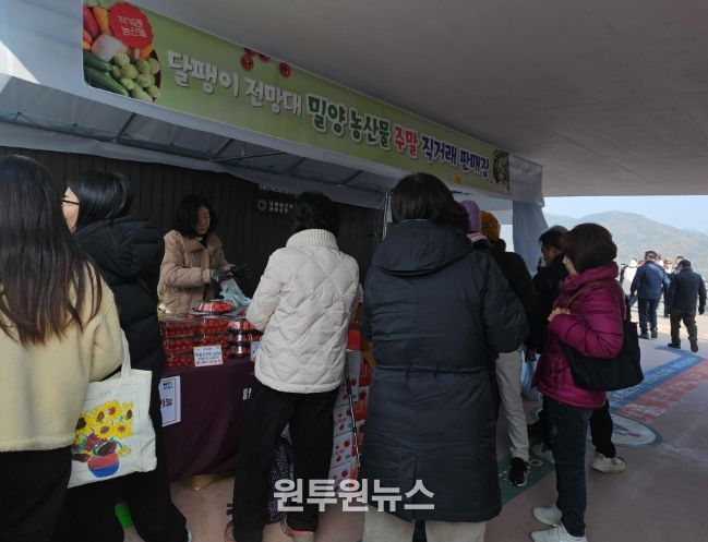 밀양시 용두산 달팽이전망대 직거래 장터에서 관광객들이 지역 농·특산물을 살펴보고 있다.